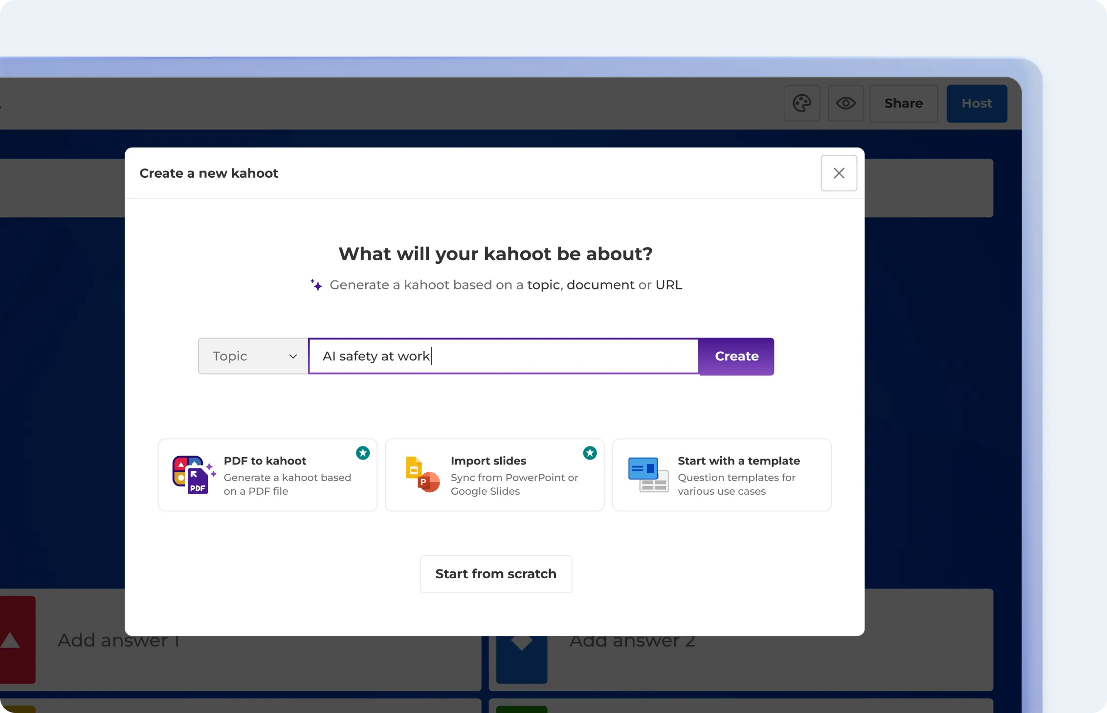 Kahoot AI creation modal with "AI safety at work" entered as a topic, alongside options to generate from a PDF, import slides, or start from a template