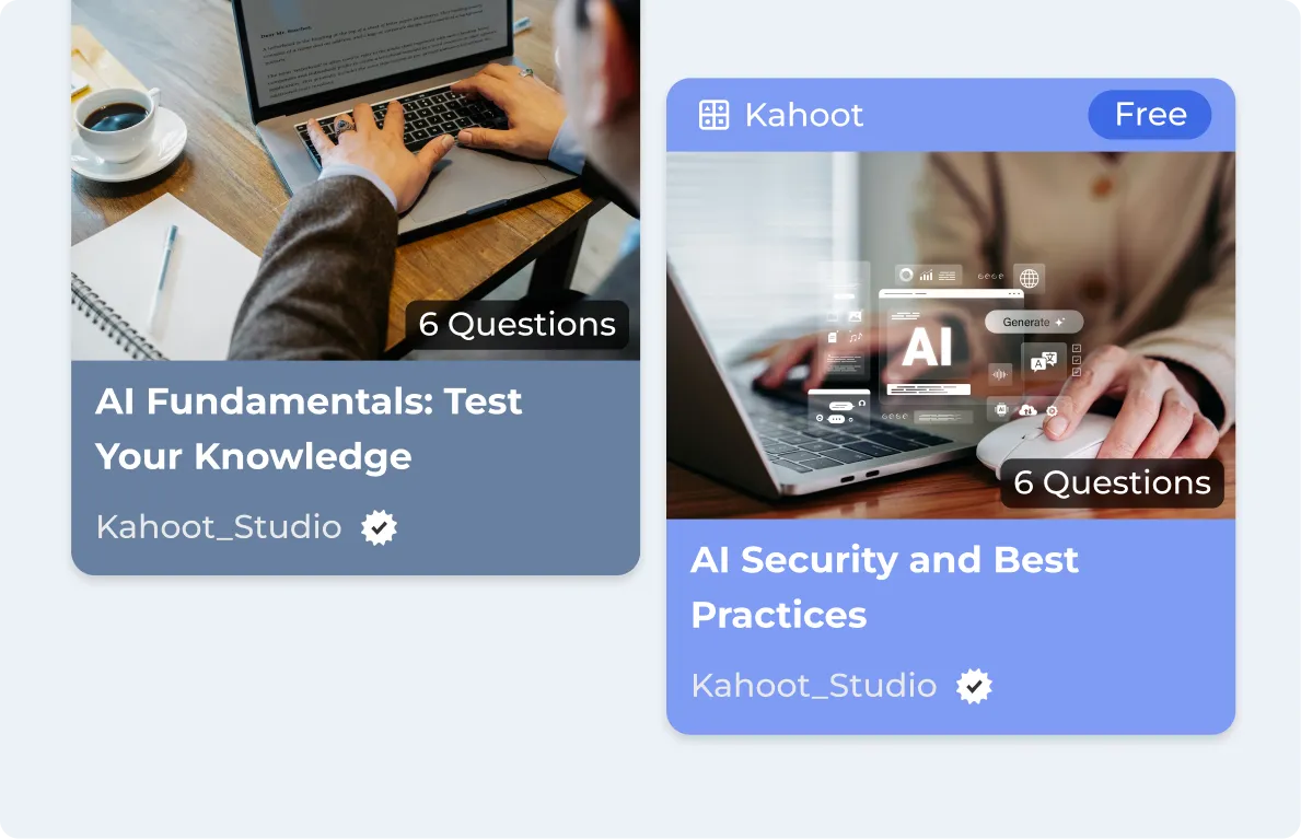 Two Kahoot! Studio kahoots — "AI Fundamentals: Test Your Knowledge" and "AI Security and Best Practices"