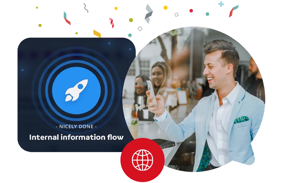 Motimate "Internal information flow" feature card next to a man engaging with the app at a social event