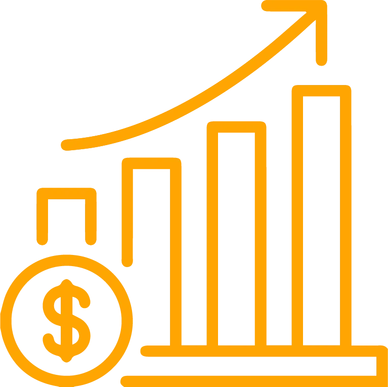A simple yellow line icon showing a bar chart with an upward-pointing arrow and a coin with a dollar sign, representing financial growth and success.
