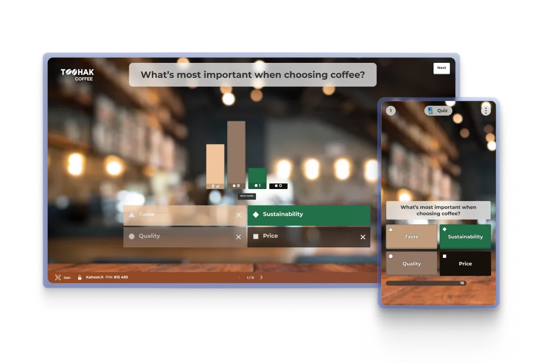 Kahoot quiz results on screen and phone showing participant votes on what matters most when choosing coffee