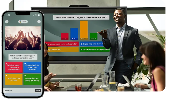 Male presenter using kahoot to present during a meeting