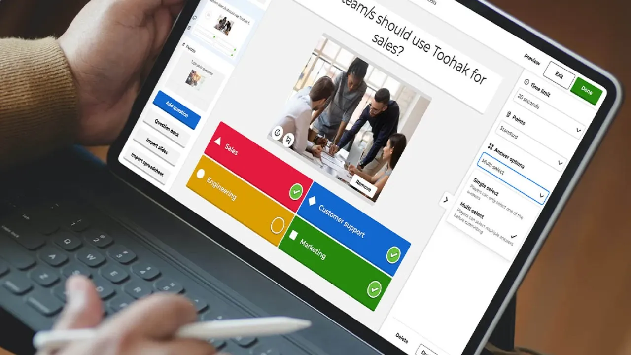 Kahoot quiz editor open on a tablet showing a multi-select question with Sales, Engineering, Customer Support, and Marketing as answer options