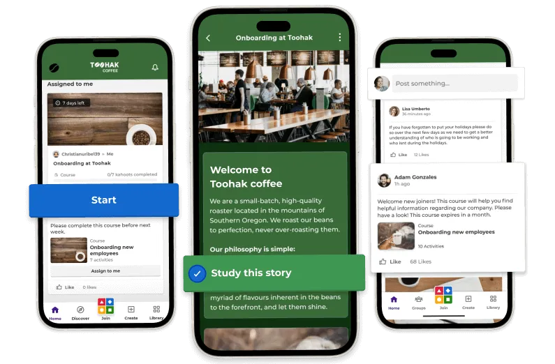 Three separate mobile devices showing Kahoot! courses