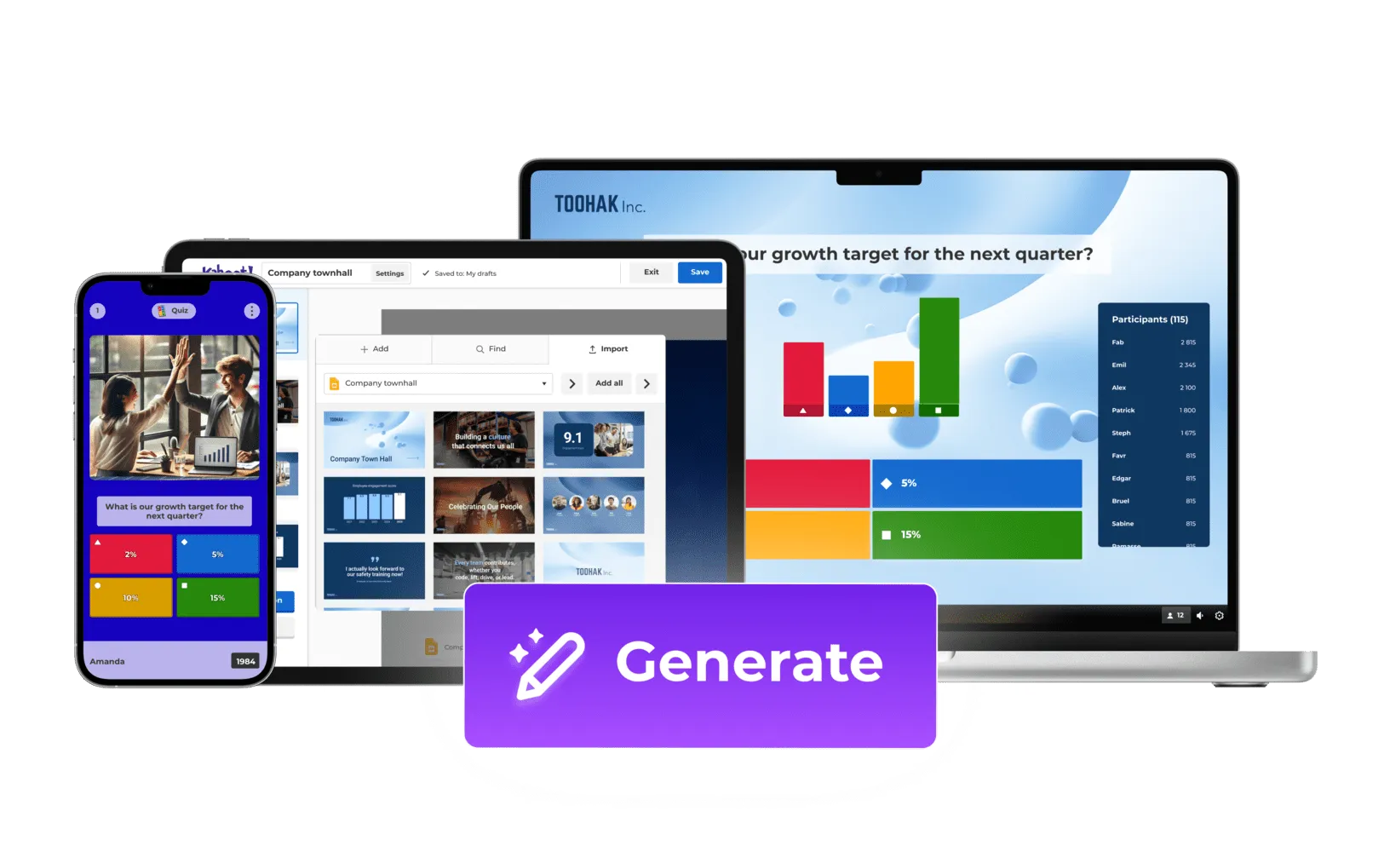 Kahoot quiz and engagement platform shown across phone, tablet, and laptop with AI Generate feature highlighted