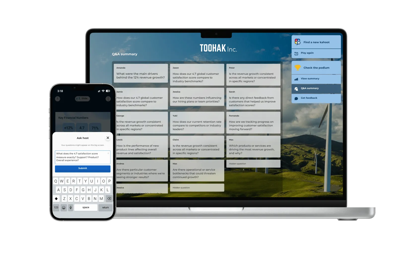 Kahoot Q&A summary on laptop showing participant questions during a company townhall, with mobile Ask Host feature on phone