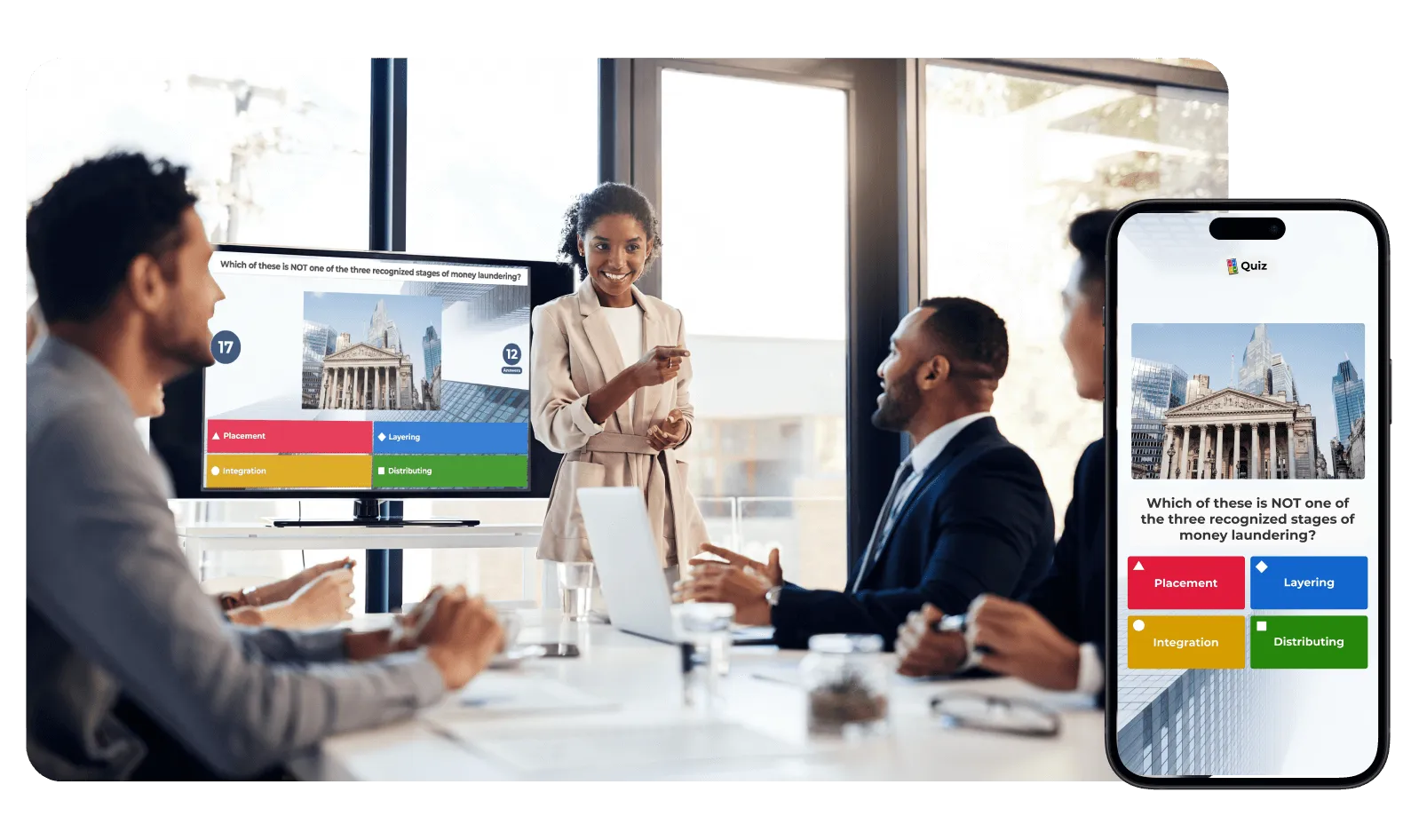 Business presentation showing a Kahoot! quiz on a large screen about the stages of money laundering, with a presenter interacting with a team in a meeting room.