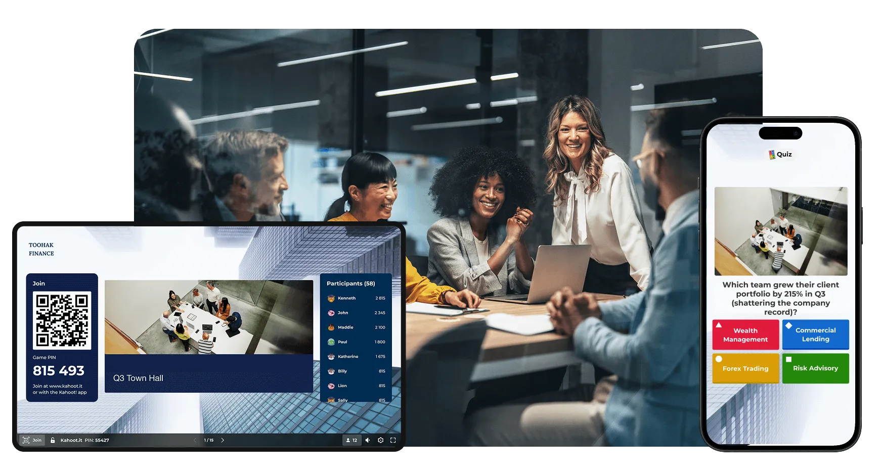 Business team smiling during a meeting, with screens displaying a Kahoot! quiz and leaderboard about finance and company performance.