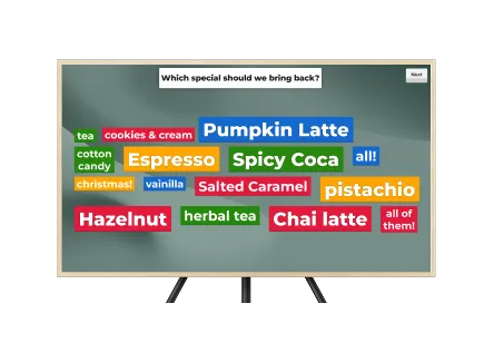 Digital display with a poll question, "Which special should we bring back?", and multiple colored answer options for various coffee and tea flavors like Pumpkin Latte, Espresso, and Salted Caramel.