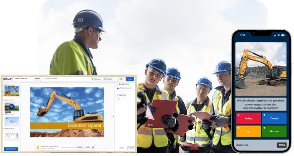 Composite image showing construction workers reviewing training materials, a quiz on a smartphone about excavators, and an online presentation editor.