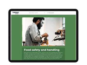 Tablet screen showing a course editor for "Food safety and handling" with an image of a barista preparing coffee.