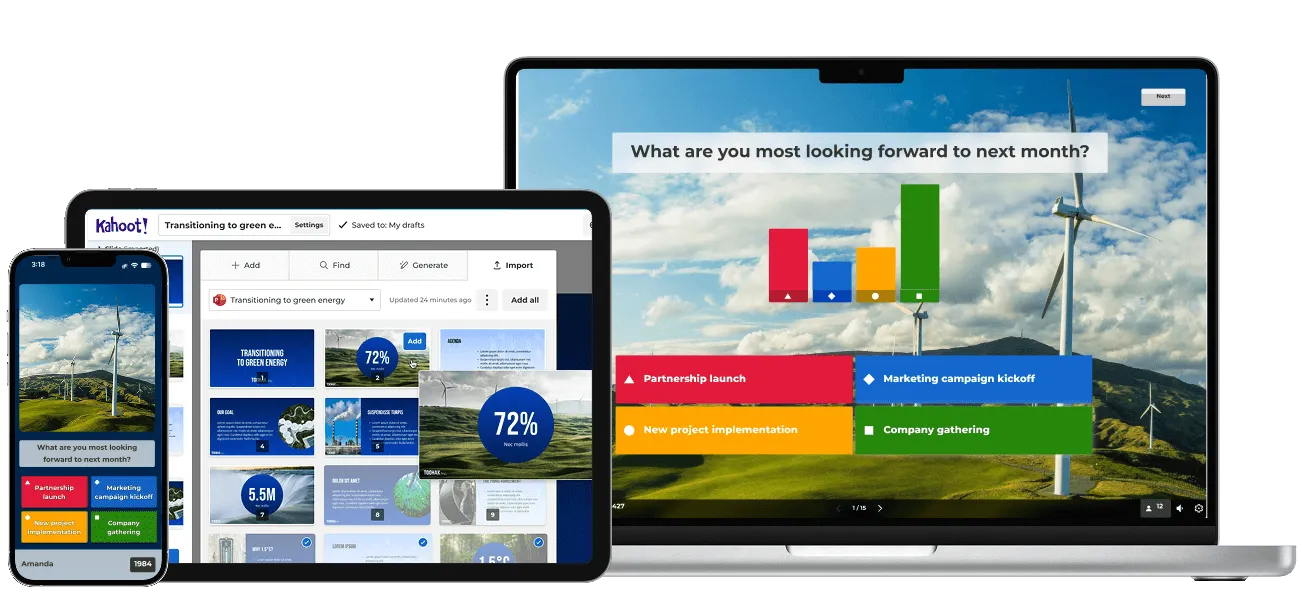 Kahoot! product feature screenshots on different types of devices