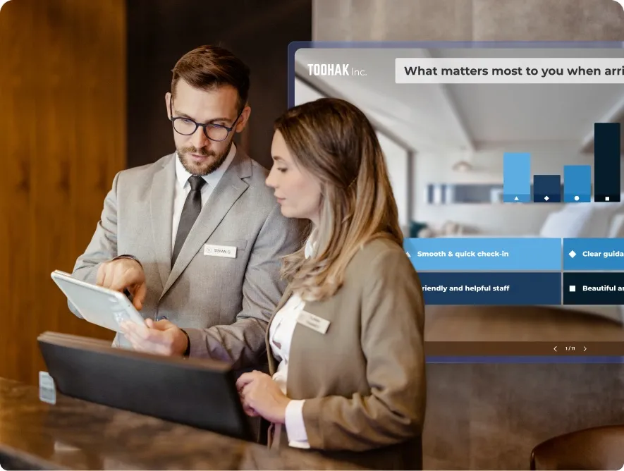 Two hotel receptionists in professional attire looking at a tablet together, with an overlaid Kahoot! poll about guest arrival preferences.