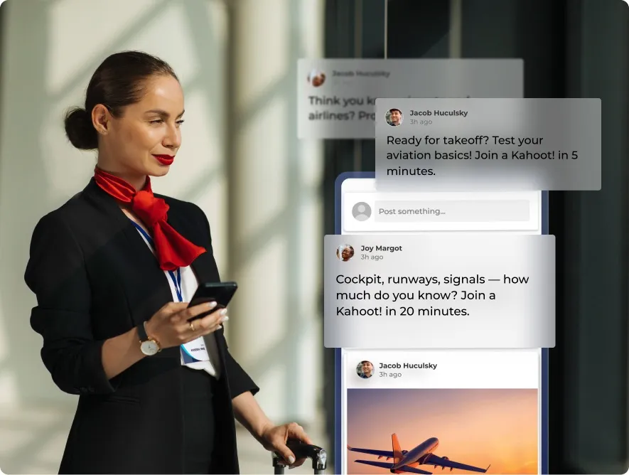 A flight attendant checking her phone next to an overlay of an internal social feed with aviation-themed Kahoot! invites.
