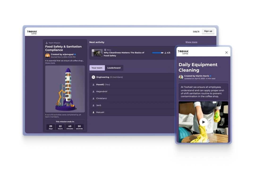 Kahoot team mission dashboard showing a food safety compliance course with leaderboard and daily equipment cleaning story