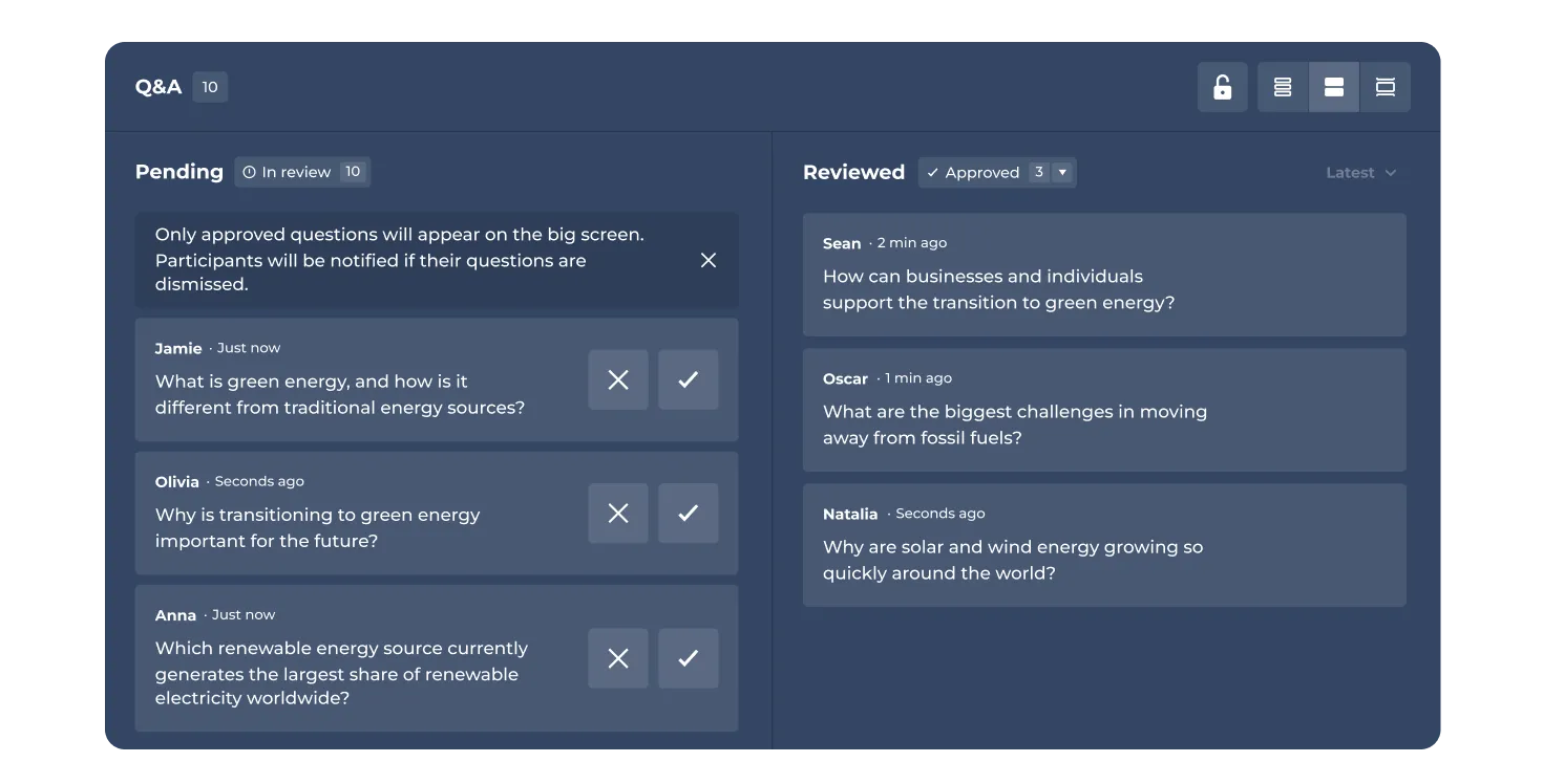Kahoot Q&A moderation dashboard showing 10 pending and 3 approved participant questions about green energy during a live session