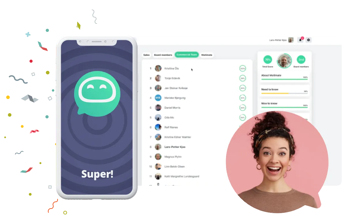 Motimate mobile app interface showing a course list alongside a smiling woman using the platform