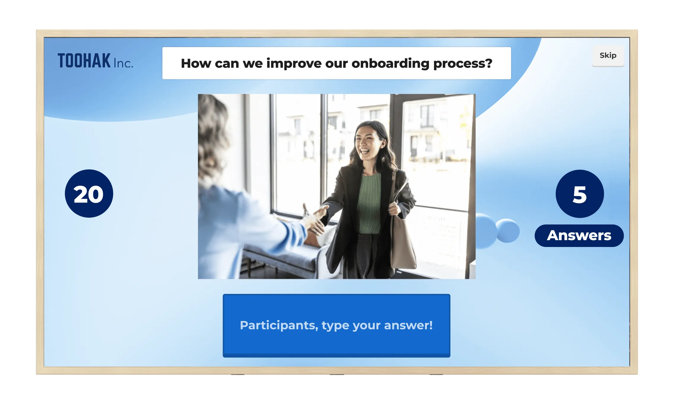 A monitor displaying a live Kahoot! open-ended question for "TOOHAK Inc." asking "How can we improve our onboarding process?". The screen features a photo of two women shaking hands in an office, a 20-second timer, and a counter showing 5 answers received so far.