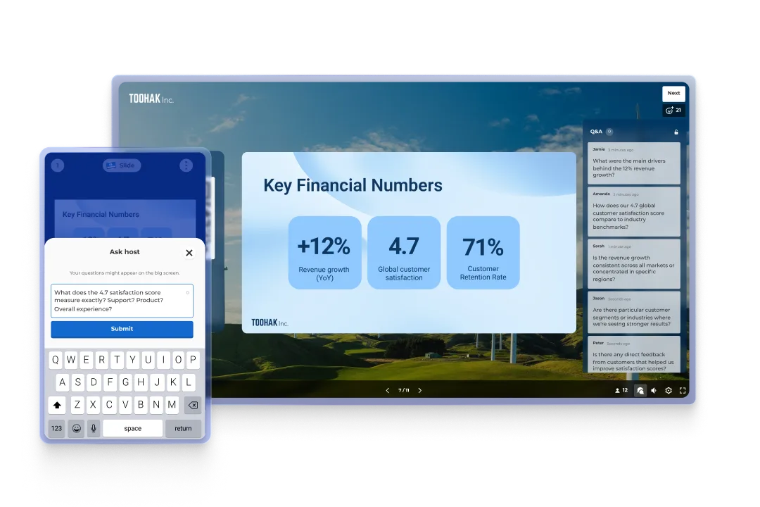 Kahoot presentation slide showing key financial numbers with live Q&A panel and mobile Ask Host feature for audience engagement