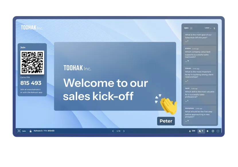 A digital welcome screen for "TOOHAK Inc." titled "Welcome to our sales kick-off". On the left, a "Join" panel displays a QR code and a game PIN (815 493). On the right, a "Q&A" panel lists several questions from participants like Kristine, Orlando, and Jamie.