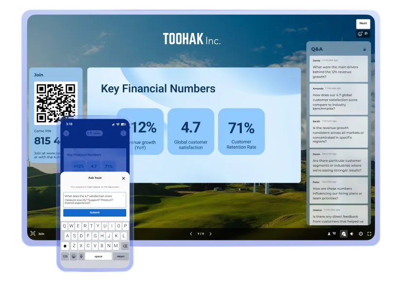 A large background screen displays a presentation slide for "TOOHAK Inc." titled "Key Financial Numbers". The slide features an image of a green landscape with wind turbines and provides three metrics in light blue boxes: "+12%" revenue growth (YoY), "4.7" Global customer satisfaction, and "71%" Customer Retention Rate. On the left of the background screen, a "Join" panel provides a QR code and a Game PIN (815 4). On the right, a "Q&A" sidebar shows questions from participants like Jamie, Amanda, and Sarah. A smartphone in the foreground overlays the bottom left, showing a participant's perspective where they are typing a question in an "Ask host" window.