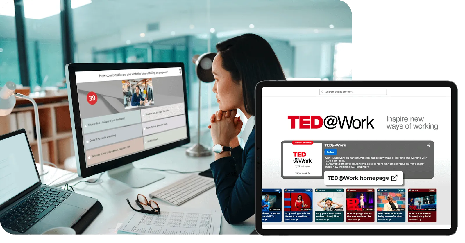 A woman in an office environment focused on a desktop monitor displaying a Kahoot! quiz question. To her right, a tablet shows the "TED@Work" brand channel, which features collaborative learning content and several thumbnail tiles for different TED-based Kahoot! courses.