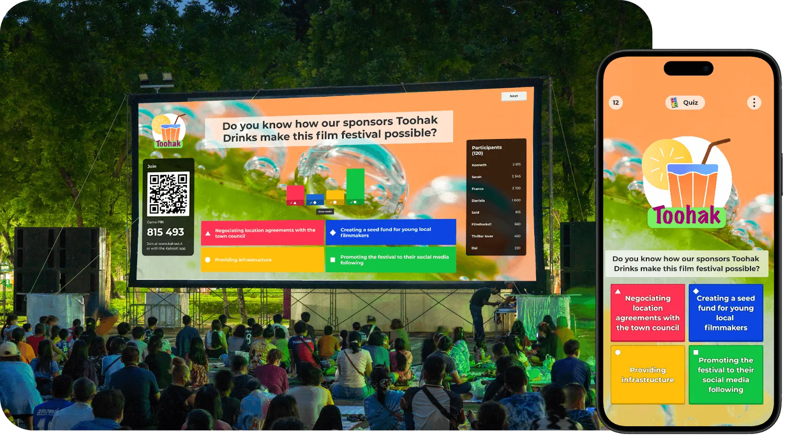 An outdoor film festival crowd participating in a live Kahoot! quiz shown on a large cinema screen. A smartphone in the foreground displays the corresponding quiz question and four colorful answer buttons for the user.