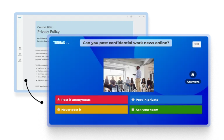 Kahoot quiz embedded in an LMS course on privacy policy, showing a multiple-choice question for employee training