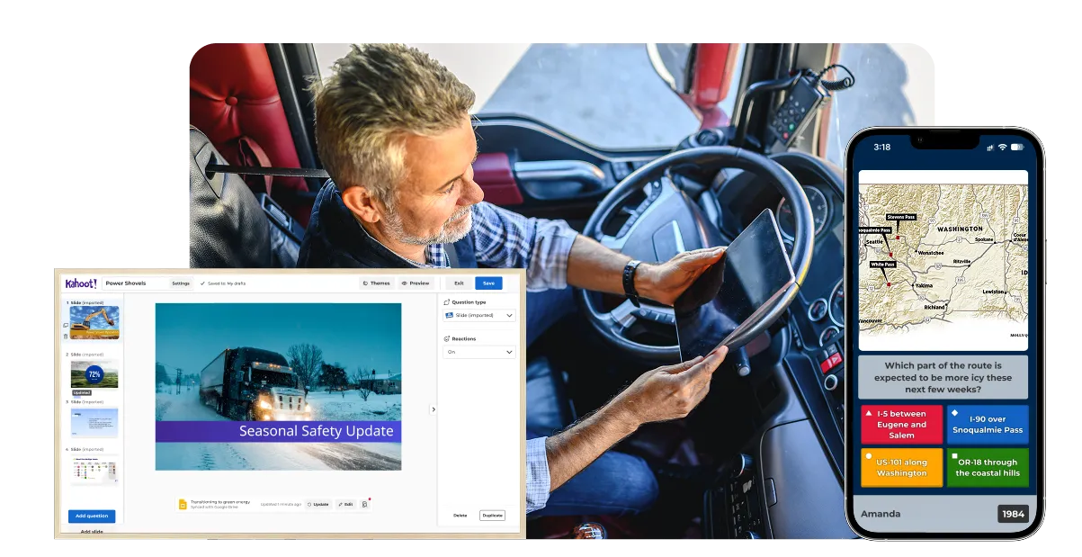 Truck driver using a tablet in his cab, with overlaid screens showing a Kahoot! presentation editor for "Seasonal Safety Update" and a mobile quiz on icy driving conditions in Washington state.