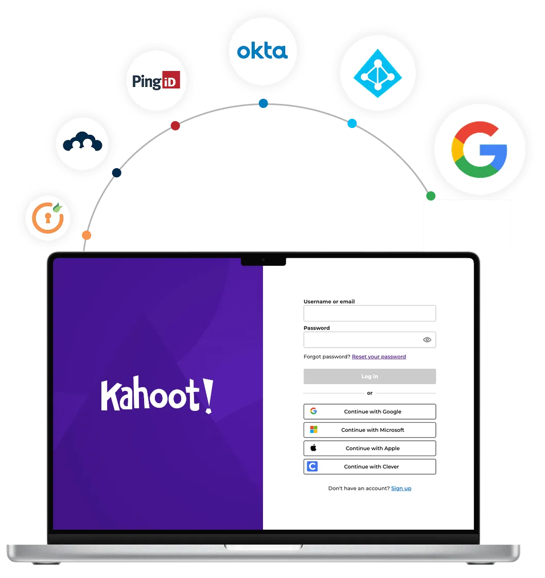 Kahoot login screen on laptop with SSO provider logos including Google, Okta, and others