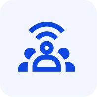 Blue icon of a person with signal waves above a group, representing audience engagement or live polling