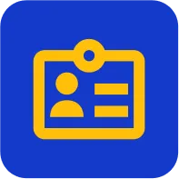 Yellow ID badge icon on blue background, representing participant profiles or learner identification in Kahoot