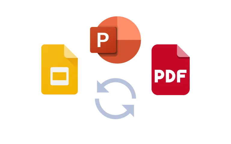 Google Slides, PowerPoint, and PDF file icons with a sync arrow showing Kahoot-compatible import formats