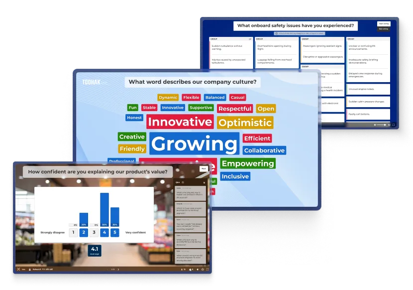 A large background screen displays a presentation slide for "TOOHAK Inc." titled "Key Financial Numbers". The slide features an image of a green landscape with wind turbines and provides three metrics in light blue boxes: "+12%" revenue growth (YoY), "4.7" Global customer satisfaction, and "71%" Customer Retention Rate. On the left of the background screen, a "Join" panel provides a QR code and a Game PIN (815 4). On the right, a "Q&A" sidebar shows questions from participants like Jamie, Amanda, and Sarah. A smartphone in the foreground overlays the bottom left, showing a participant's perspective where they are typing a question in an "Ask host" window.