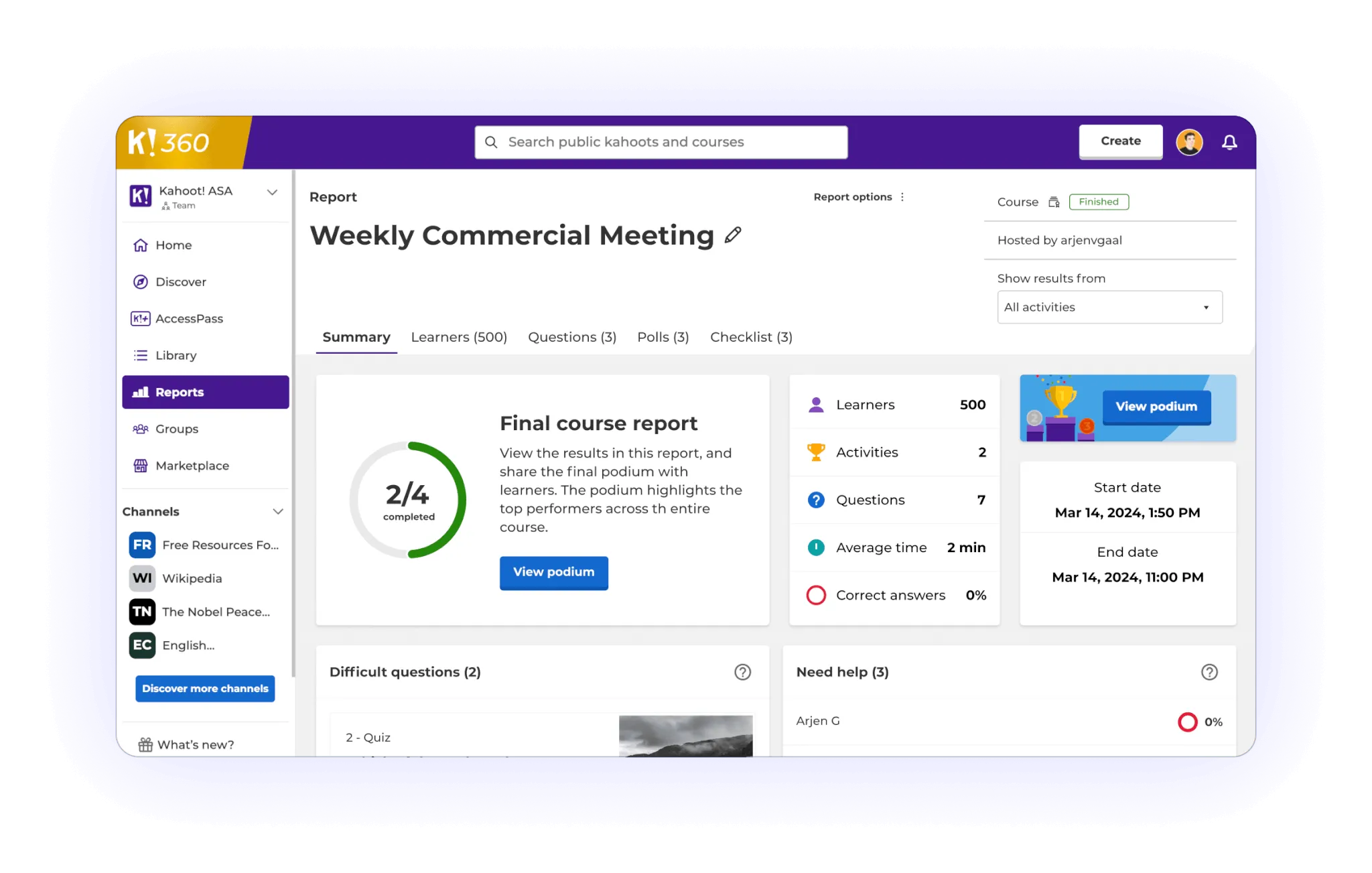 Analytics dashboard screenshot from the Kahoot! platform
