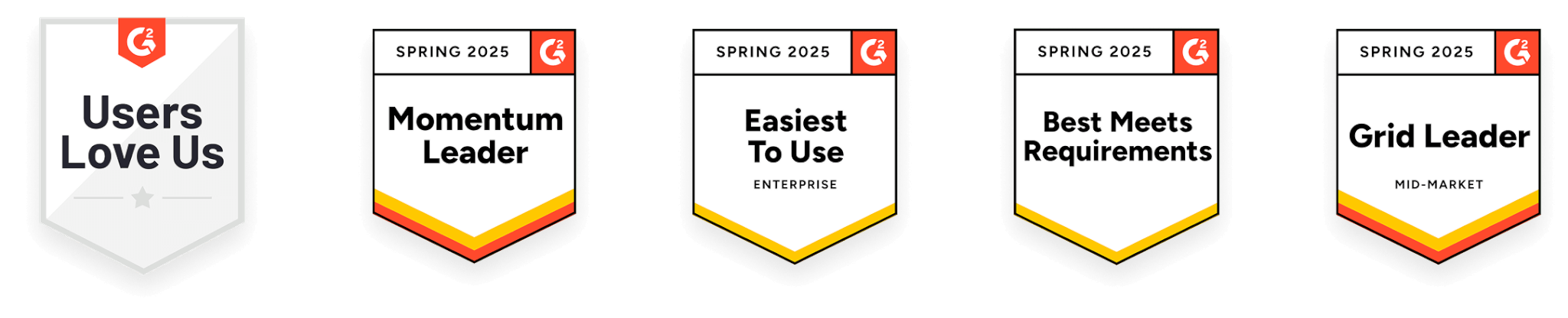 Five G2 badges: Users Love Us, Momentum Leader, Easiest To Use Enterprise, Best Meets Requirements, and Grid Leader Mid-Market
