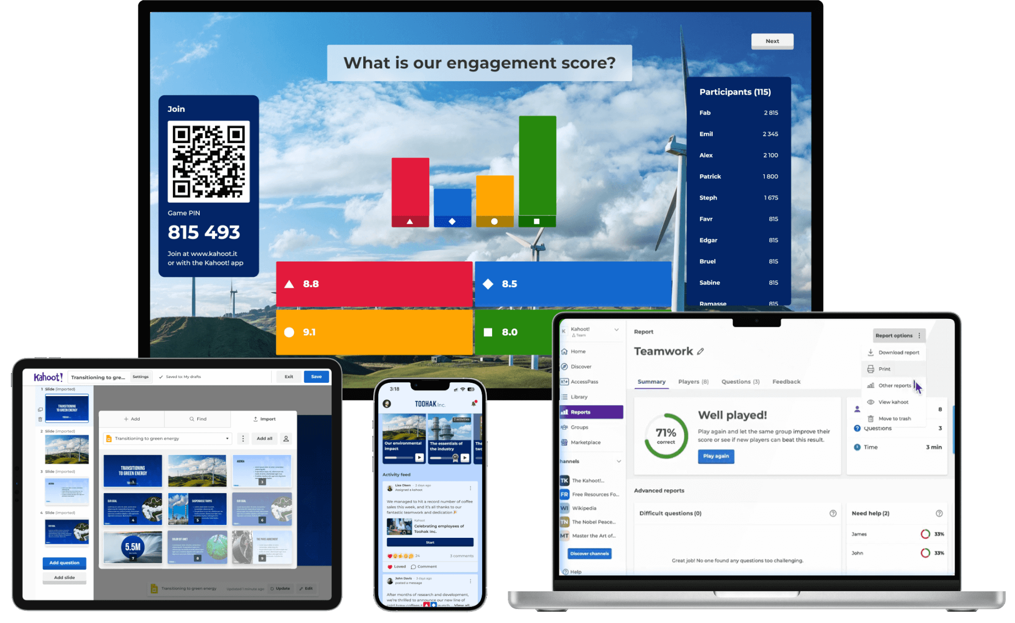 Kahoot engagement poll, quiz editor, activity feed, and results report shown across desktop, tablet, mobile, and laptop
