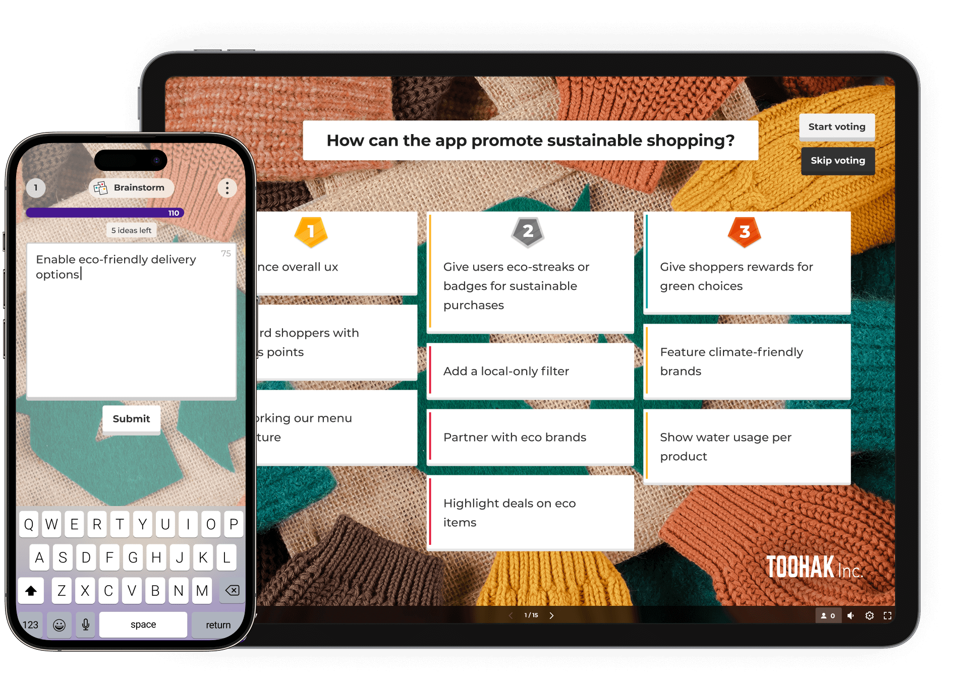 Kahoot brainstorm question about sustainable shopping shown on a tablet with mobile text entry view alongside
