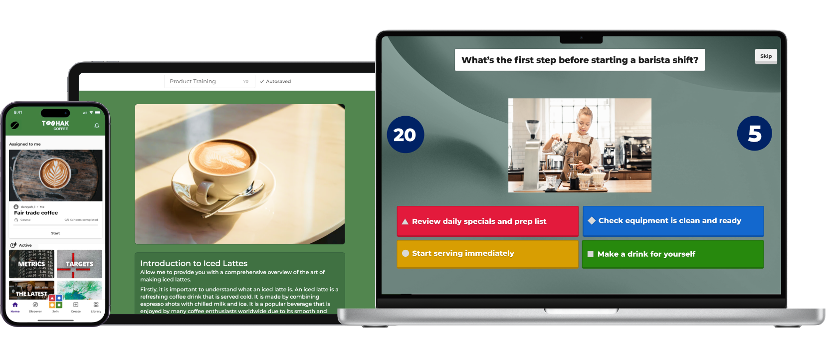 Kahoot corporate training setup showing a barista quiz on laptop, coffee product training course on tablet, and the Kahoot app on mobile