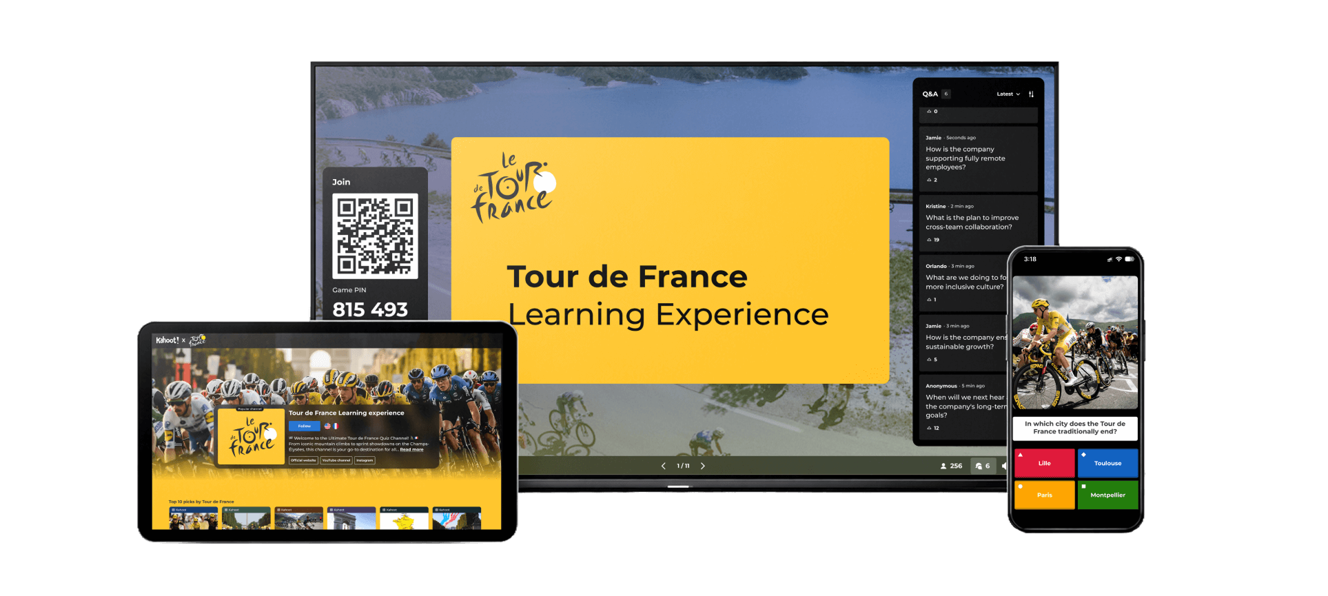 A large monitor, a tablet, and a smartphone are arranged to showcase the Tour de France Learning Experience on the Kahoot! platform. The main monitor displays a yellow landing page with the event title, a QR code, and a Game PIN (815 493) for joining. A Q&A panel on the right side of the monitor features questions about company culture and remote support. The tablet shows a channel overview with racing photos, and the smartphone displays a live question: "In which city does the Tour de France traditionally end?" with color-coded answer options for Lille, Toulouse, Paris, and Montpellier.