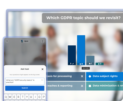 A split-screen view showing a live poll on a large display. In the foreground, a mobile device shows the "Ask host" feature where a user has typed a question about GDPR security basics.