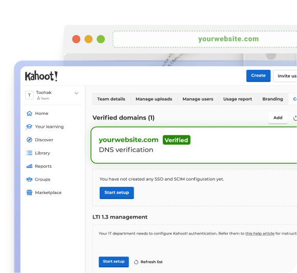 The Kahoot! administrator dashboard showing a verified domain and SSO configuration settings.