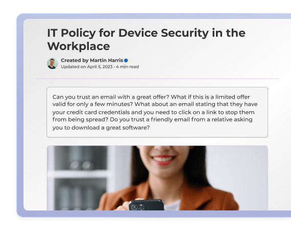 Kahoot workplace learning story on IT device security policy created by Martin Harris, with a woman looking at her phone