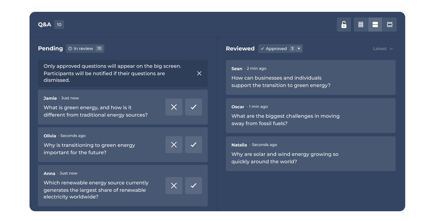 Kahoot Q&A moderation dashboard showing 10 pending and 3 approved participant questions about green energy during a live session
