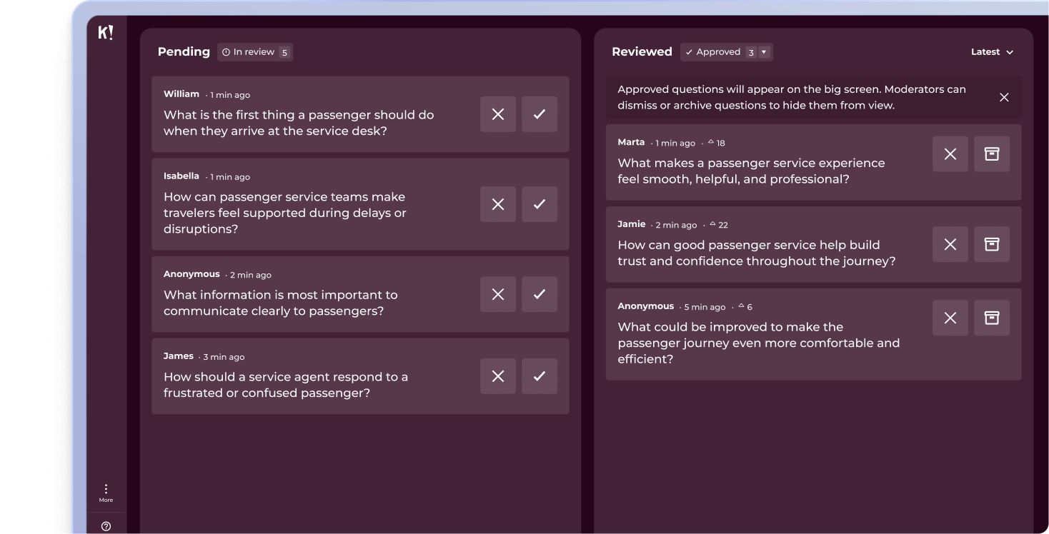 Kahoot Q&A moderation dashboard with pending and reviewed audience questions split into two columns for a live session