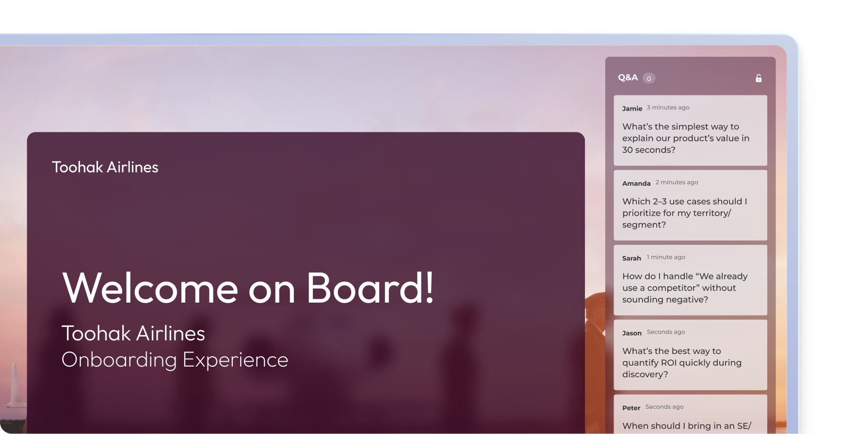 Kahoot live Q&A panel during a Toohak Airlines onboarding presentation with employee questions streaming in real time