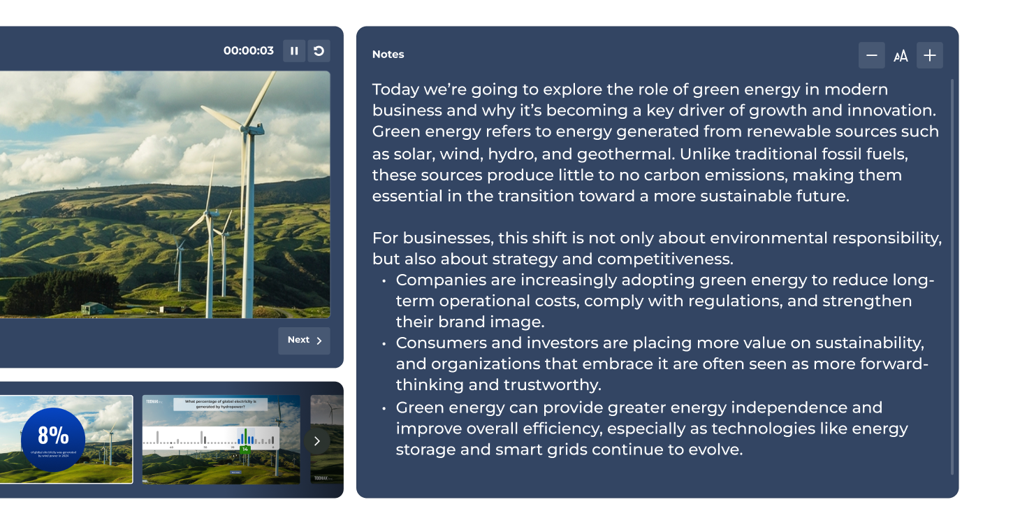 Kahoot presenter view with wind turbine slide displaying 8% wind power stat alongside editable speaker notes on green energy and business sustainability