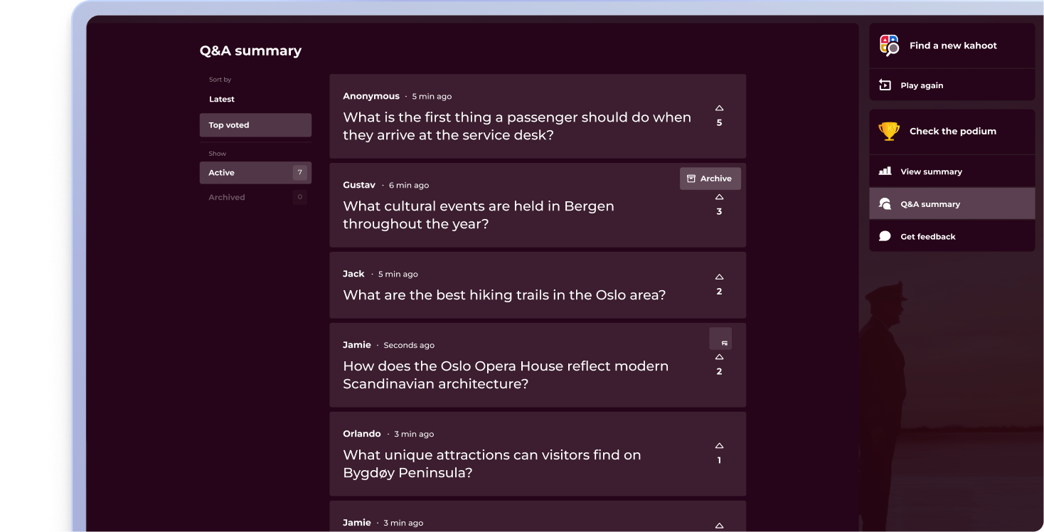 Kahoot Q&A summary screen showing top-voted audience questions after a session, with options to play again, view summary, or get feedback