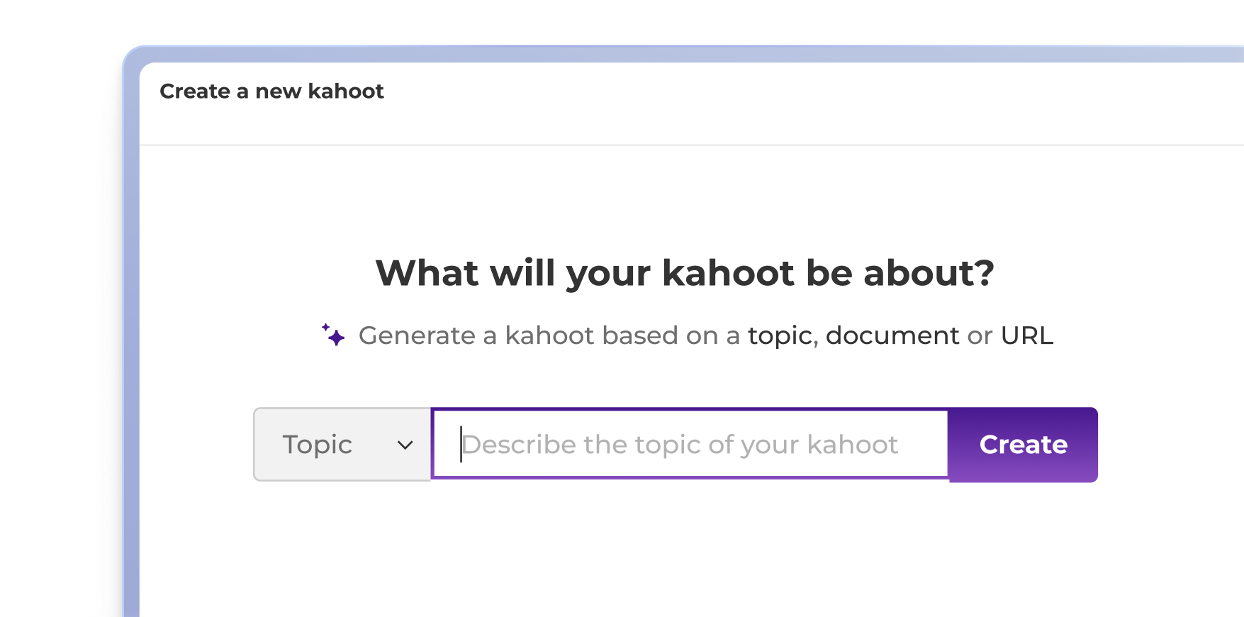 Kahoot AI quiz generator interface prompting users to create a new kahoot from a topic, document, or URL