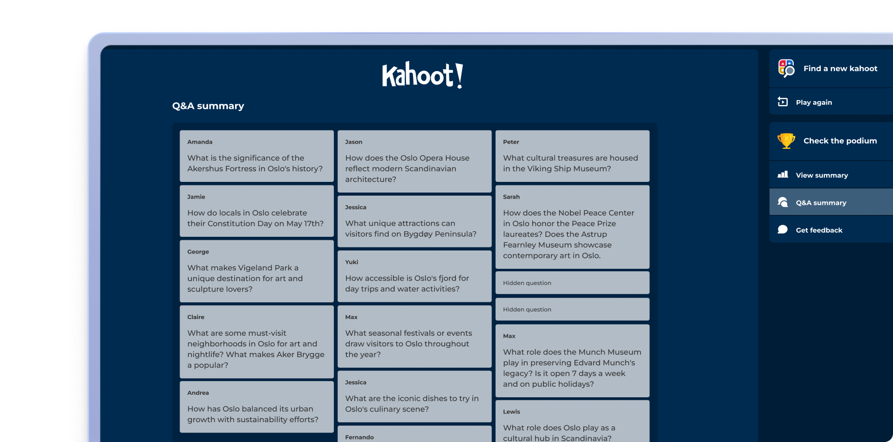 Kahoot Q&A summary dashboard displaying participant responses about Oslo history and culture after a quiz session